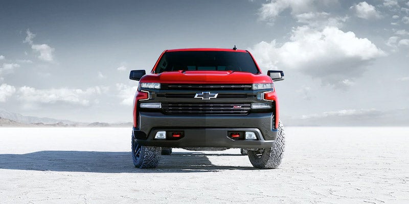 Frontal view of a red 2020 Chevrolet Silverado 1500