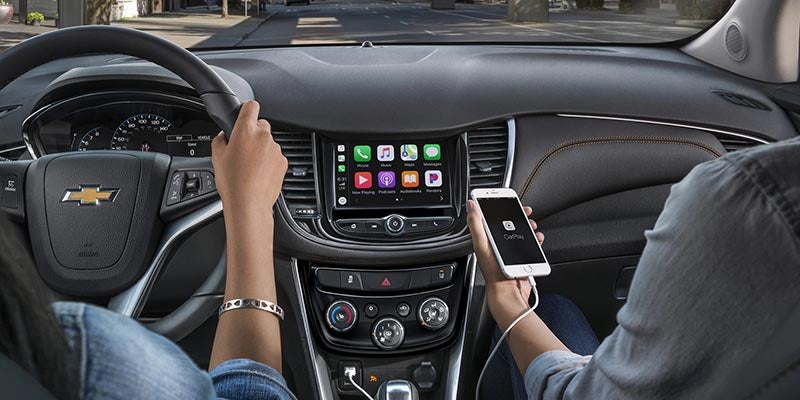 Interior view of dashboard and navigation system in a 2020 Chevrolet Trax