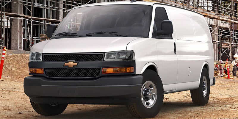 Front angled view of a 2021 Chevrolet Express cargo van
