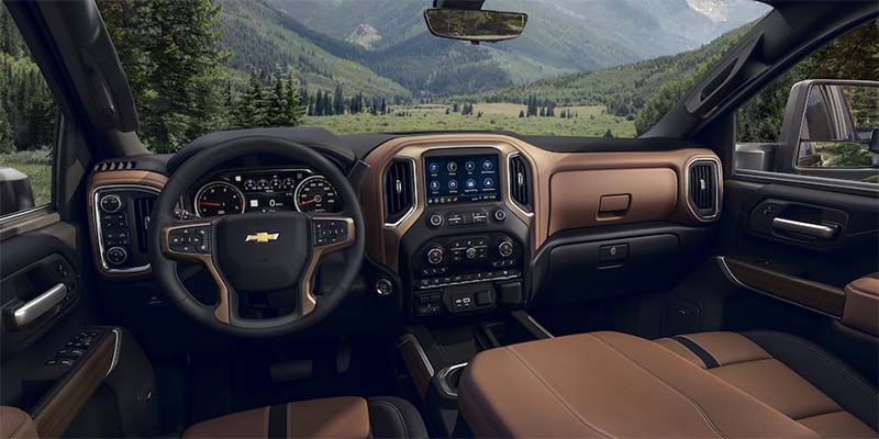 Brown and black leather interior of a 2023 ChevroletSilverado HD