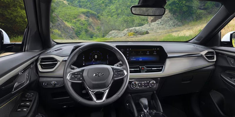 Interior view of steering wheel and dashboard in a 2025 Chevrolet Trailblazer