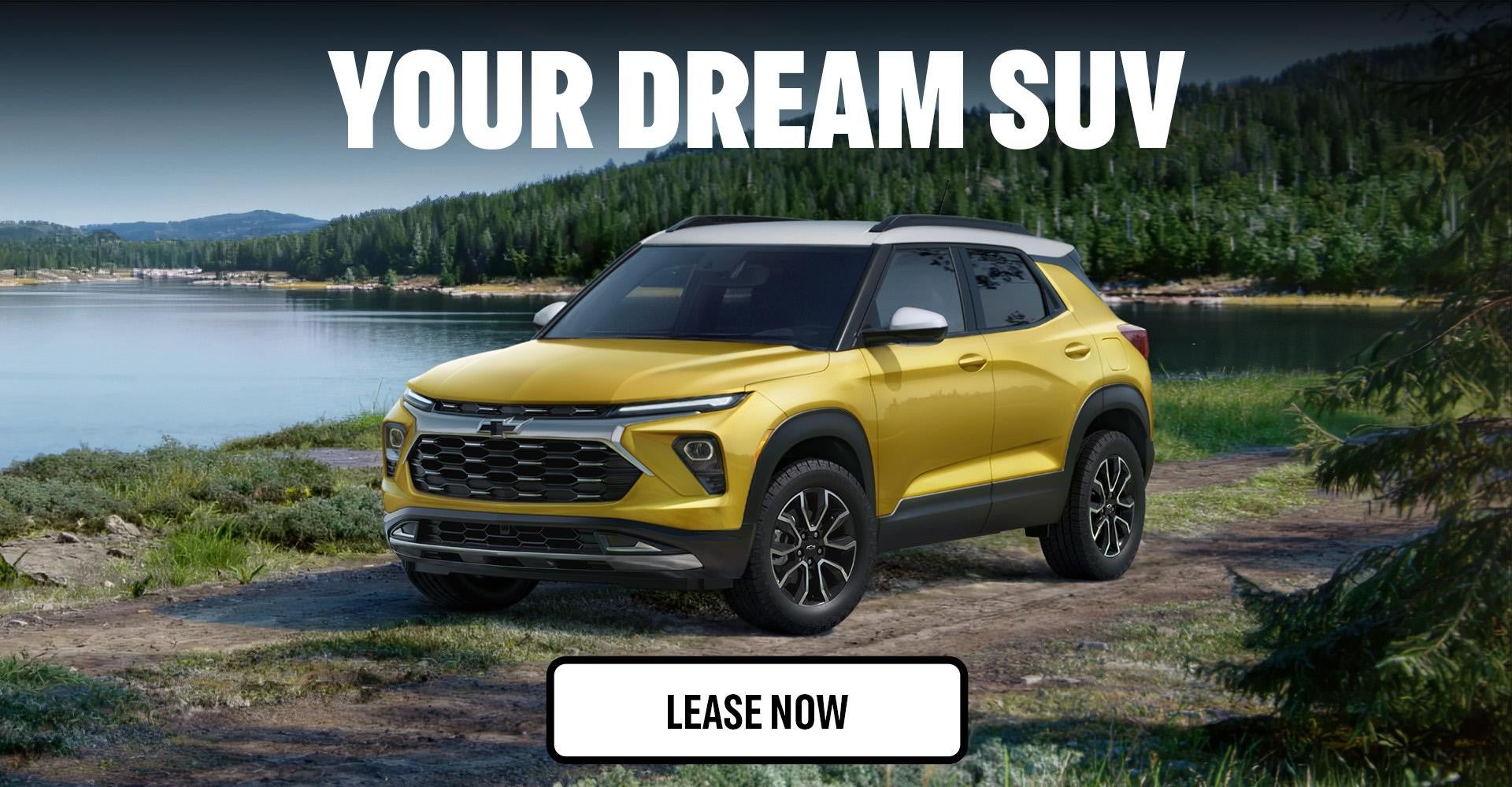 Yellow Chevy Trailblazer parked by lake